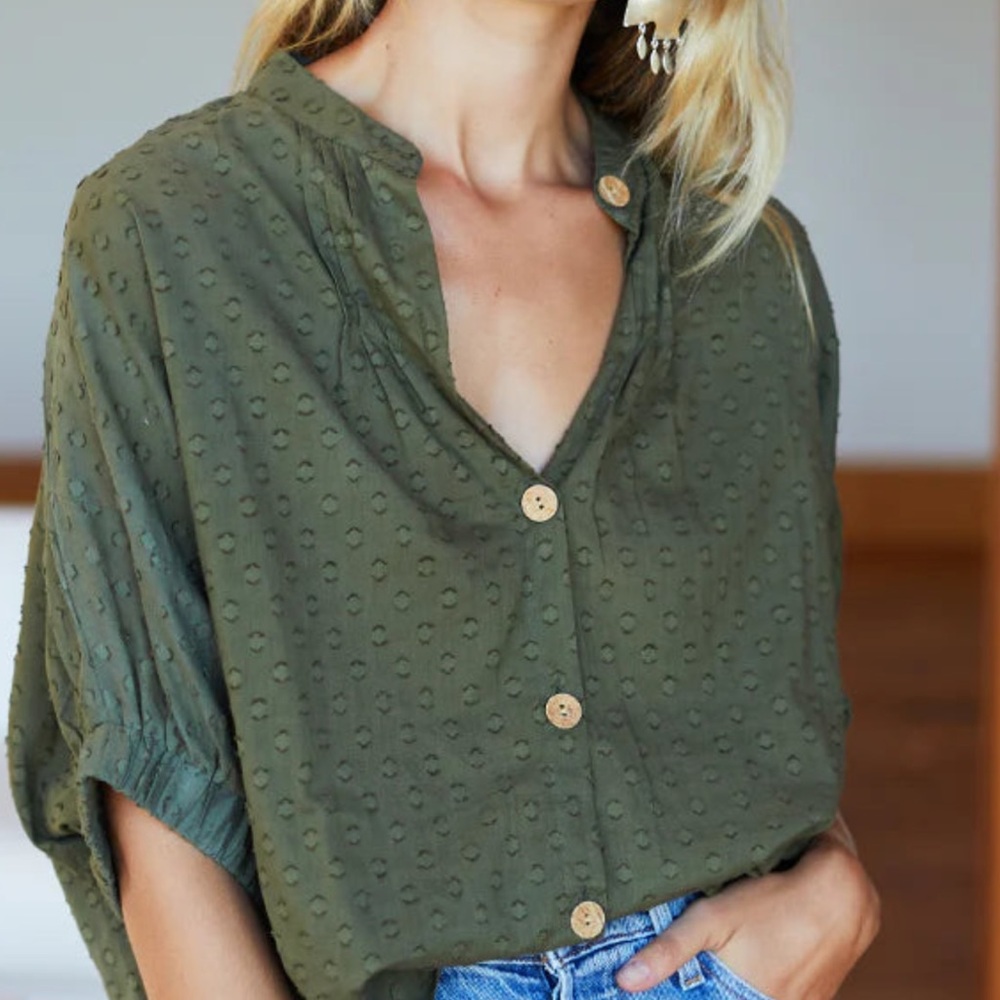 Emerson Fry Green Blouse with Boxy Style and Mandarin Collar